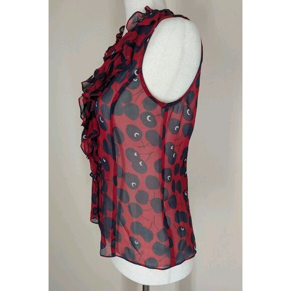Nanette Lepore Sleeveless 100% Silk Blouse Sheer Cherry Print Ruffle Size 4 USA - Picture 4 of 10
